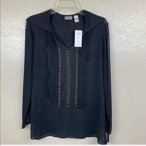 Chico’s Black Sheer Hooded BoHo Style Tunic Blouse - Picture 3 of 8